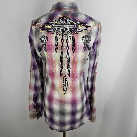 NWT! Roar Native Song Shirt Medium Plaid Embroidered Rhinestone Western Purple - Picture 3 of 15